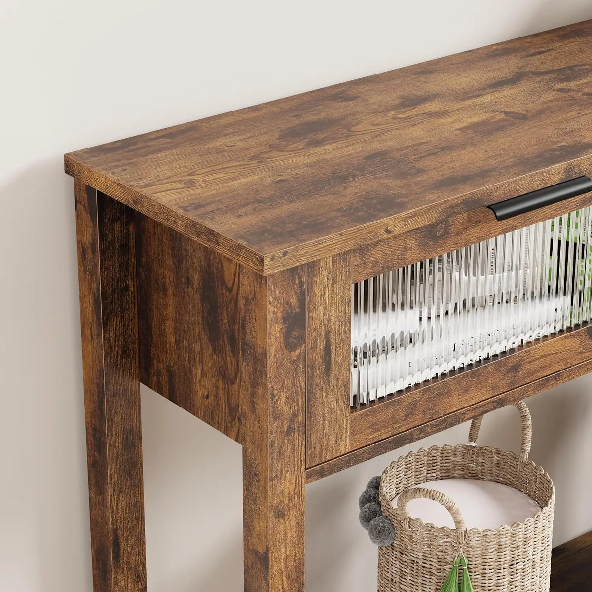 Narrow Console Table 2 Glass-Front Drawers 2-Tier Wood Sofa/Entryway Table with Open Storage Shelf for Living Room Hallway Foyer
