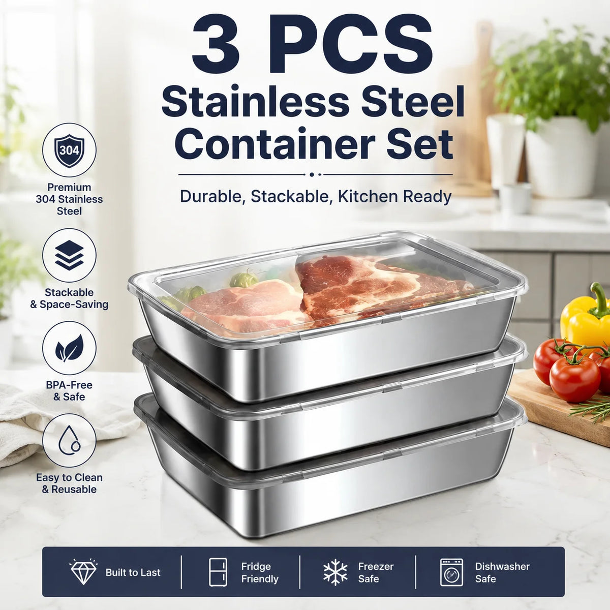 9 Pack Stackable Stainless Steel Food Storage Containers with Lids, Freezer Safe Rectangular Metal Trays for Meat, Leftovers & Kitchen Fridge Storage