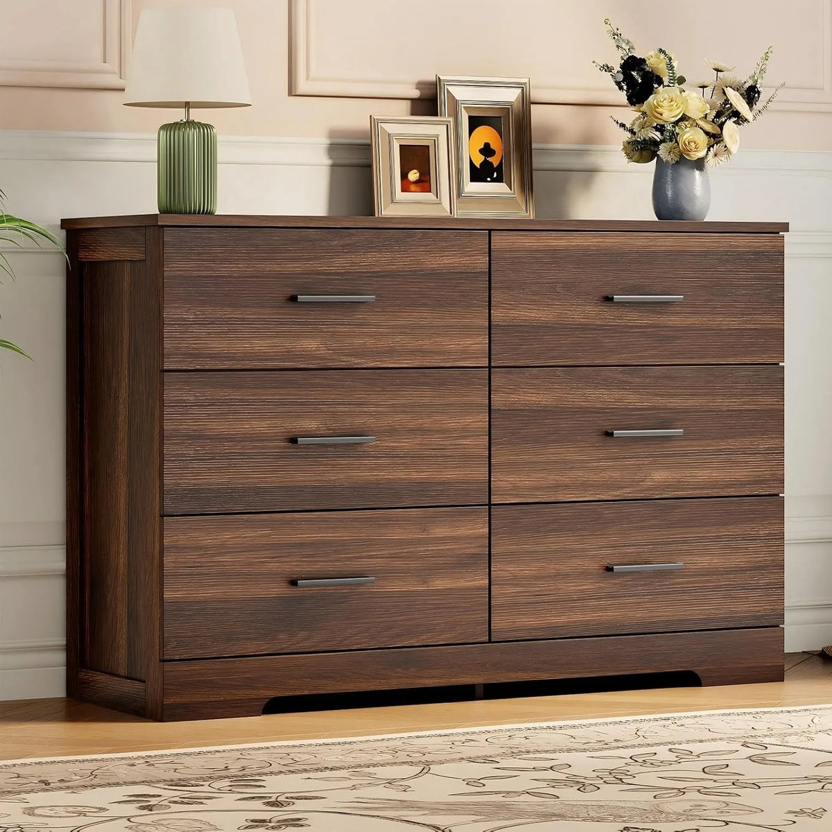 6 Drawer Storage Dresser Cabinet with Metal Handles, Modern Wood Chest of Drawers for Bedroom Living Room