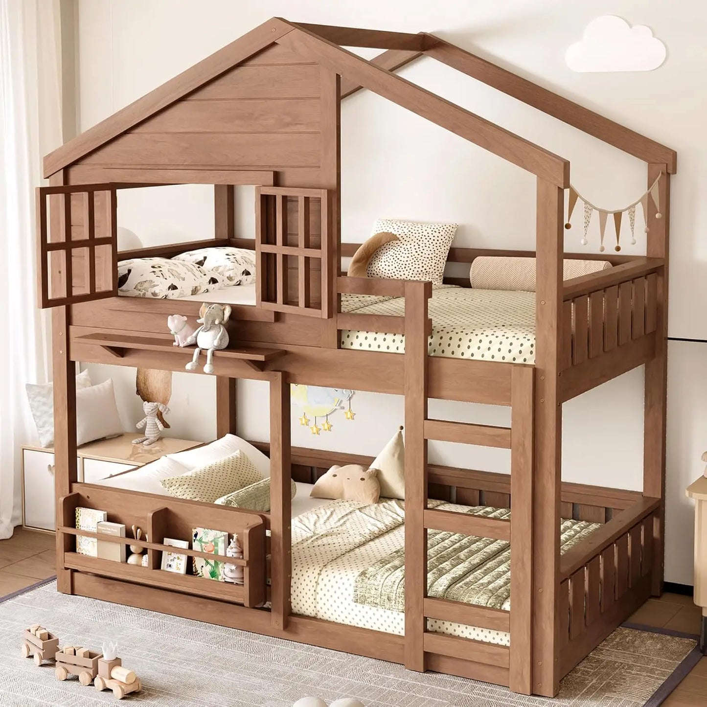 Twin Bunk Bed Window Roof Bookshelf Ladder Guardrail Solid Wood Playhouse Kids Bedroom, Custom