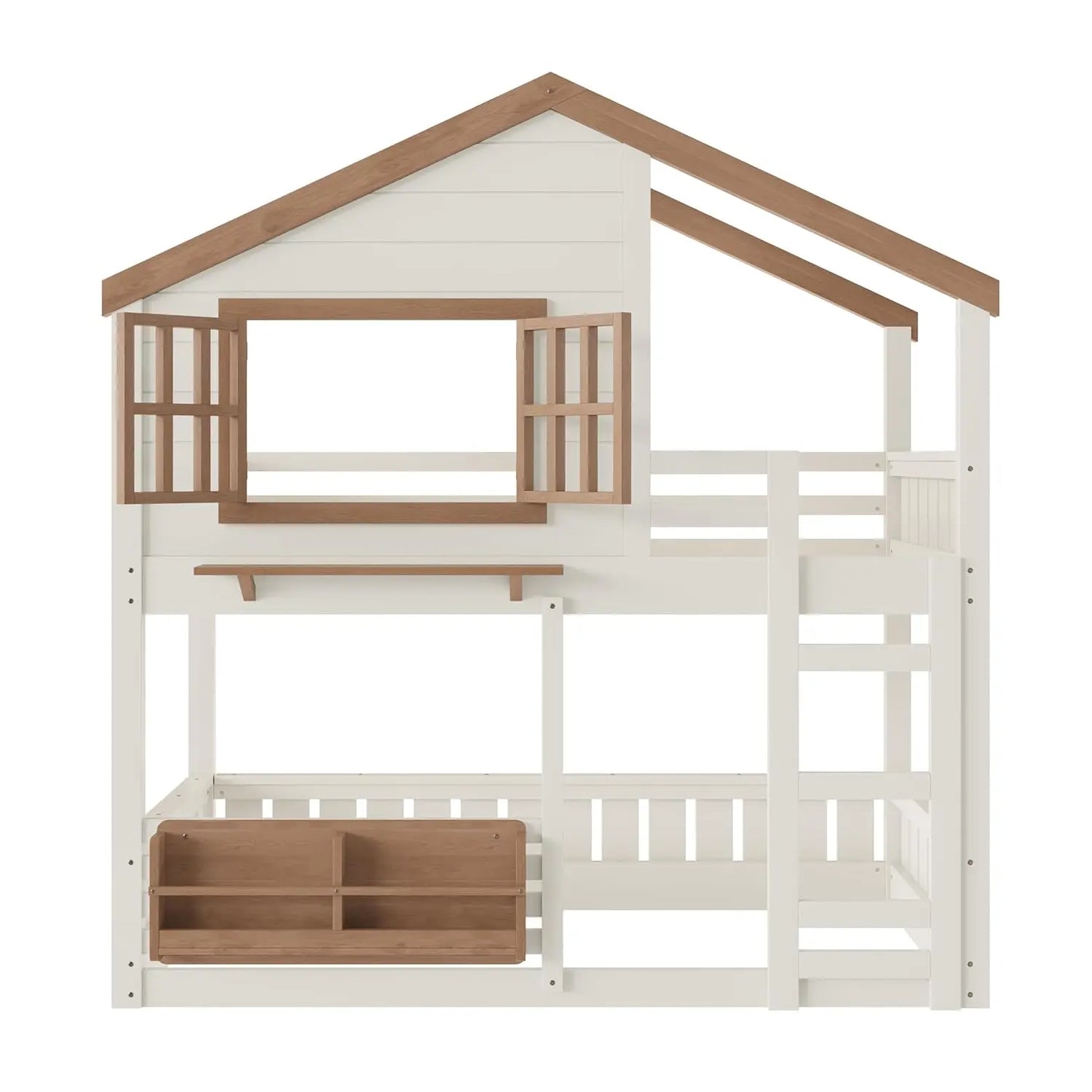 Twin Bunk Bed Window Roof Bookshelf Ladder Guardrail Solid Wood Playhouse Kids Bedroom, Custom
