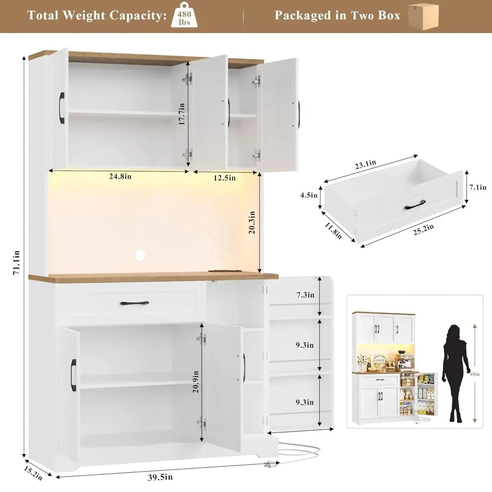 71" LED Pantry Cabinet with Power Outlet, Tall Kitchen Hutch Storage Cabinet with Microwave Stand & 6 Door Shelves,, Customized