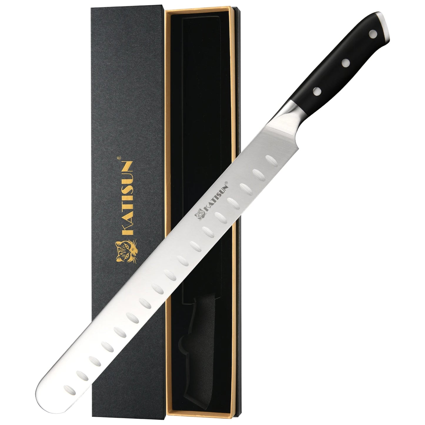 13 Inch Round Tip Ham Slicing Knife, Ultra Sharp German Premium Carbon Steel Brisket Knife Meat Cleaver