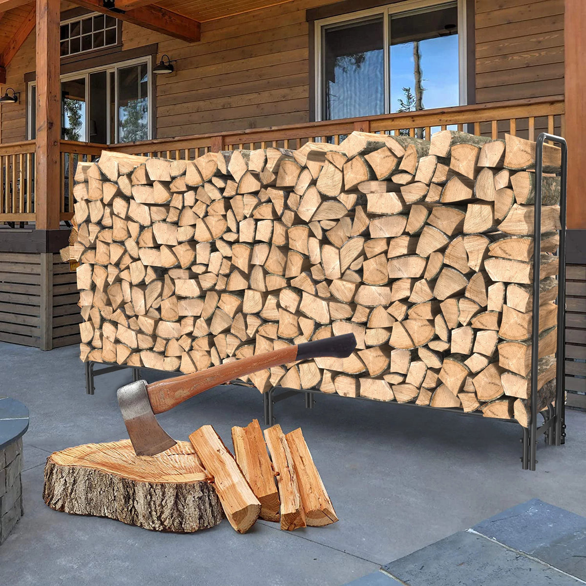 Heavy Duty Firewood Log Rack, Large Outdoor Indoor Fireplace Wood Storage Holder, Sturdy Tubular Iron Stand with 650 lbs High Capacity, Black Weather-Resistant Fire Pit Wood Stacker for Yard, Porch and Deck