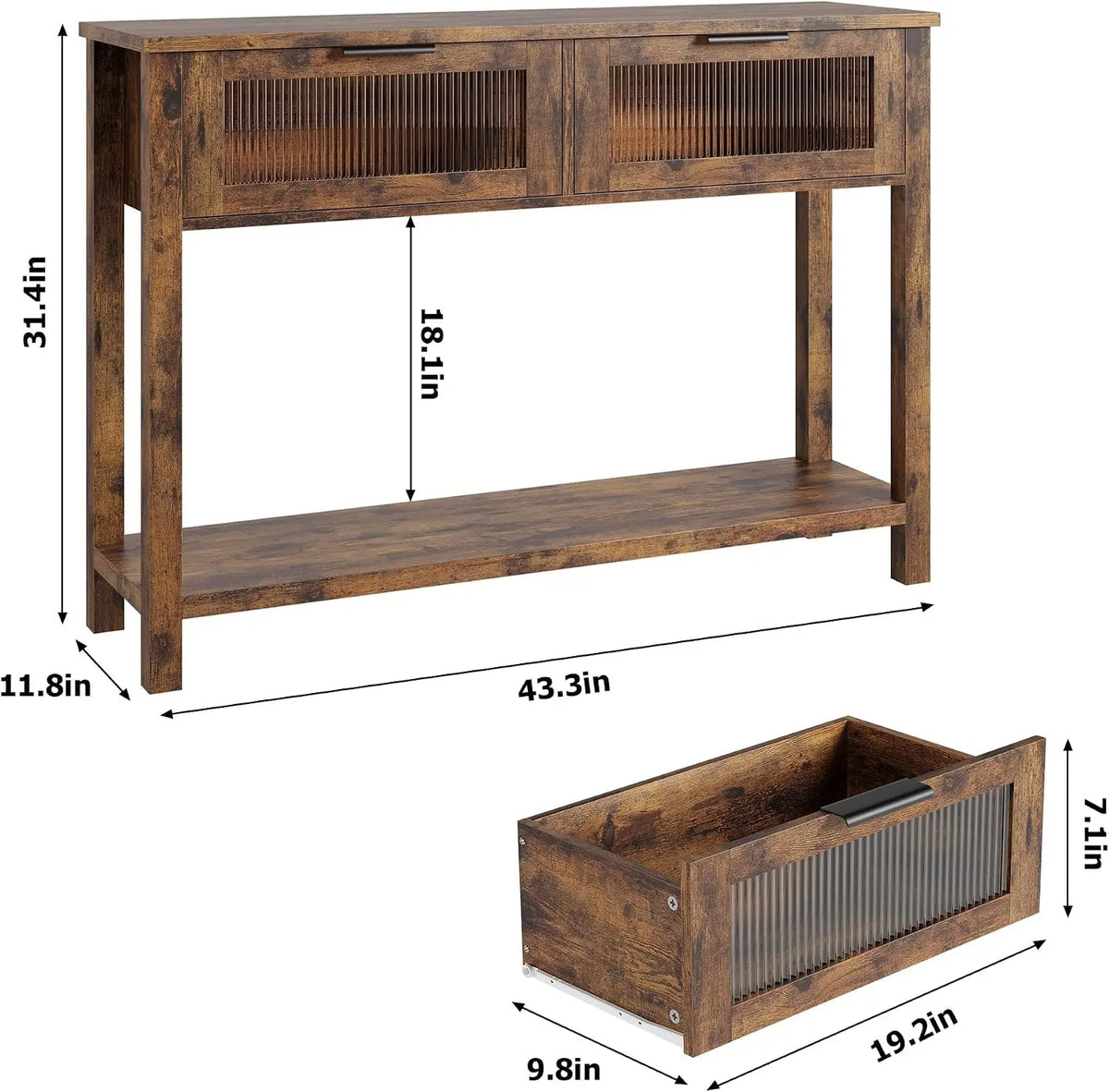 Narrow Console Table 2 Glass-Front Drawers 2-Tier Wood Sofa/Entryway Table with Open Storage Shelf for Living Room Hallway Foyer