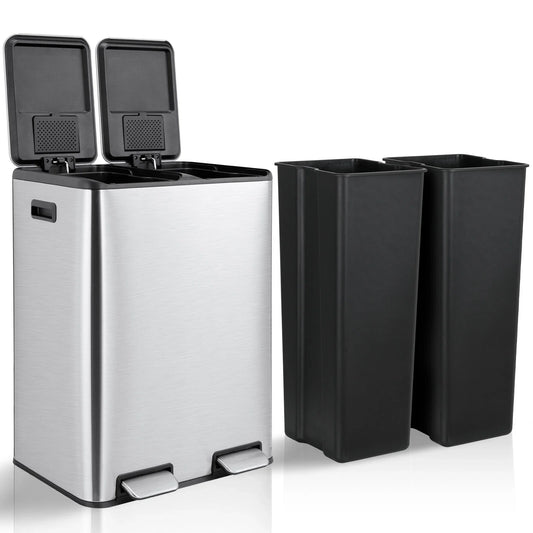 60L/16 Gal Dual Trash Can Stainless Steel Step Garbage Can w/Built-in Filter Box Kitchen Garbage Bin Recycle Waste Dustbin