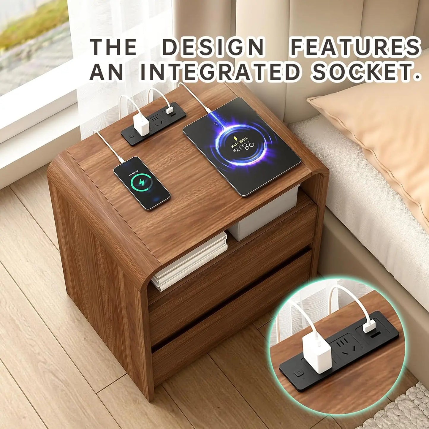 23.6" Walnut Nightstand with Charging Station, Anti-Collision Mid Century Modern Bedside Table with 500 LB, Customized