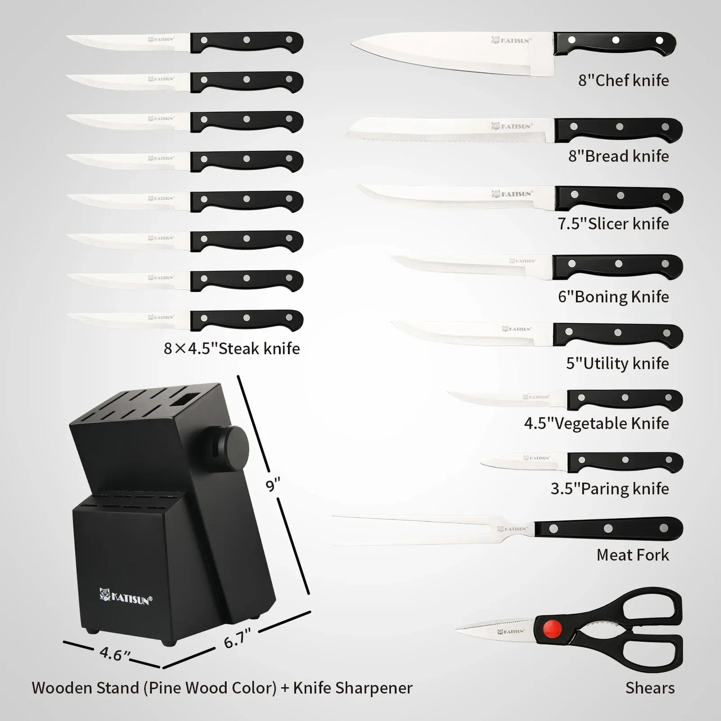 Katisun 19 Pieces Carbon Steel Kitchen Knife Set with Block Built-in Sharpener Meat Fork Professional Chef Home Cooking