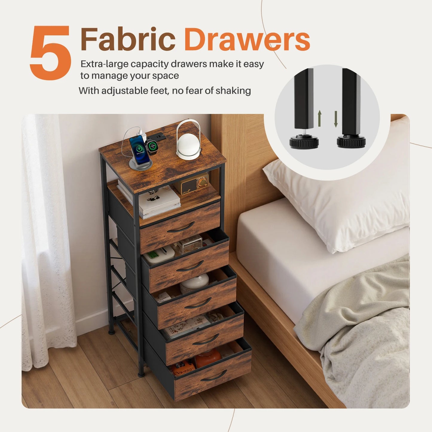 JHK 5-Drawer Cabinet with Charging Station Bedside Table with USB Ports Type-C Bedroom Night Stand with Fabric Drawers and Open Shelf Tall Narrow End Table for Small Bedroom