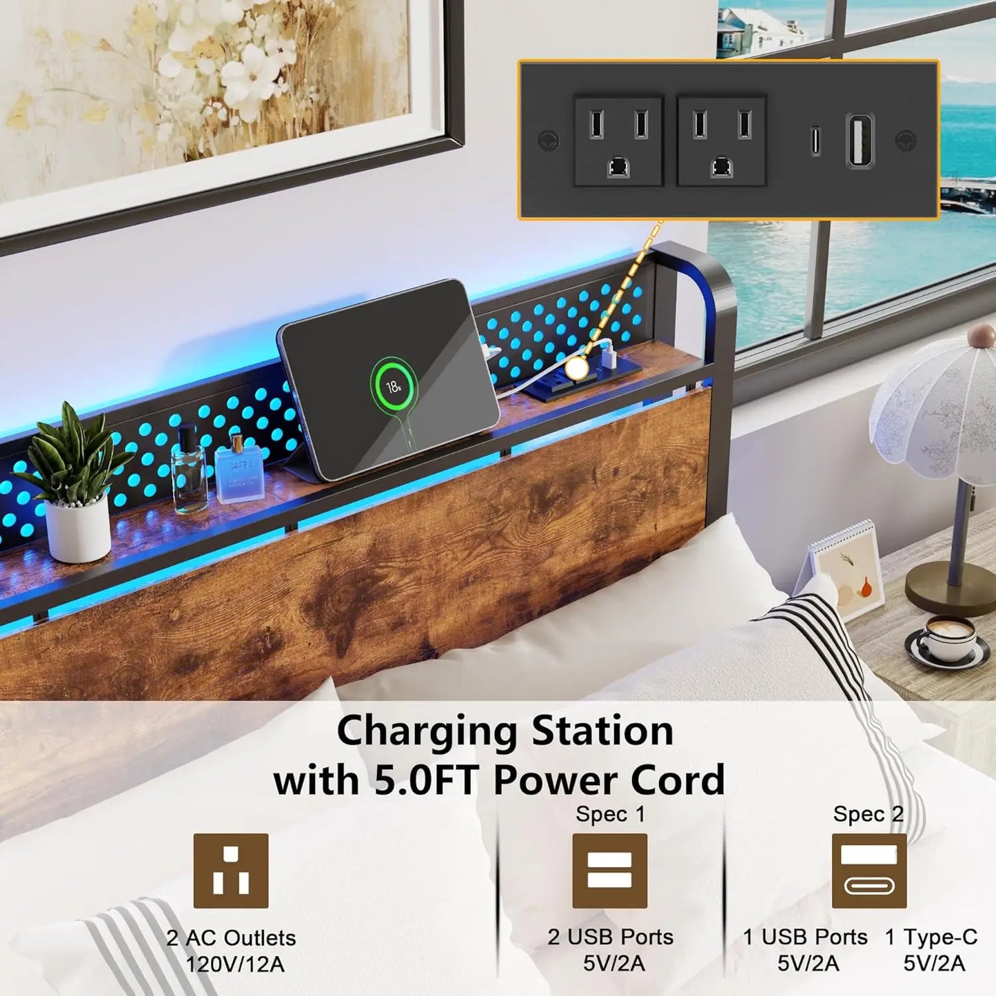 Queen Bed Frame with Headboard Storage, Bed Frame Queen Size with Charging Station and LED Lights No Box Spring, Customized