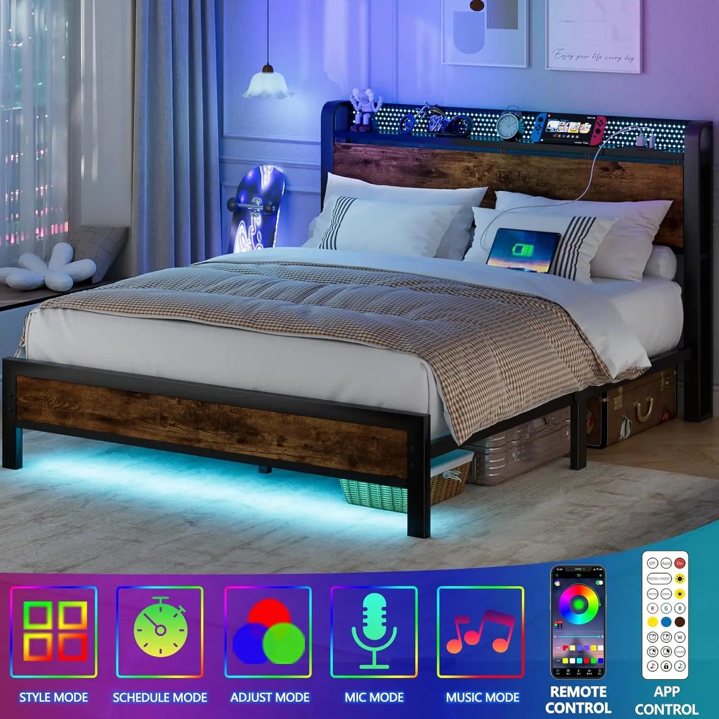 Queen Bed Frame with Headboard Storage, Bed Frame Queen Size with Charging Station and LED Lights No Box Spring, Customized