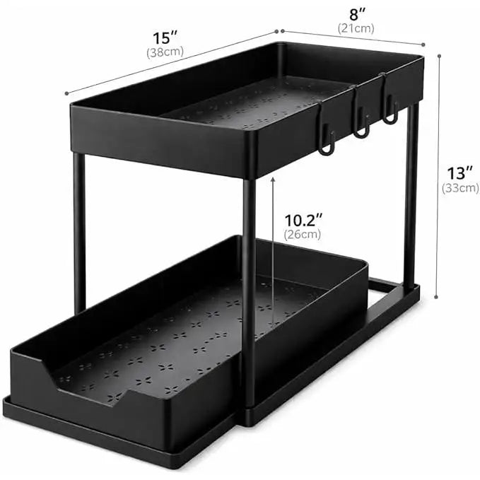 Sliding Under Sink Organizer with 5 Side Hooks and 3 Detachable Hanging Baskets,Pull Out Rustproof Metal Storage Rack,Tool Free Assembly,Multi Scene Space Saving Shelf for Kitchen,Bathroom,Laundry Room,Pantry,Apartment,Dorm,R