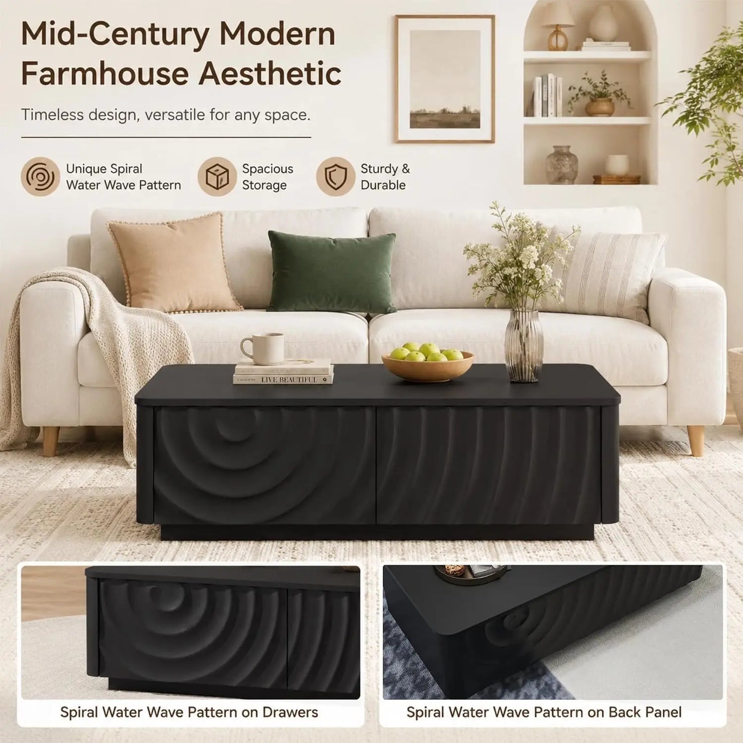 47" Modern Rectangle Coffee Table with 2 Large Drawers & Spiral Water Wave Design for Living Room, Custom