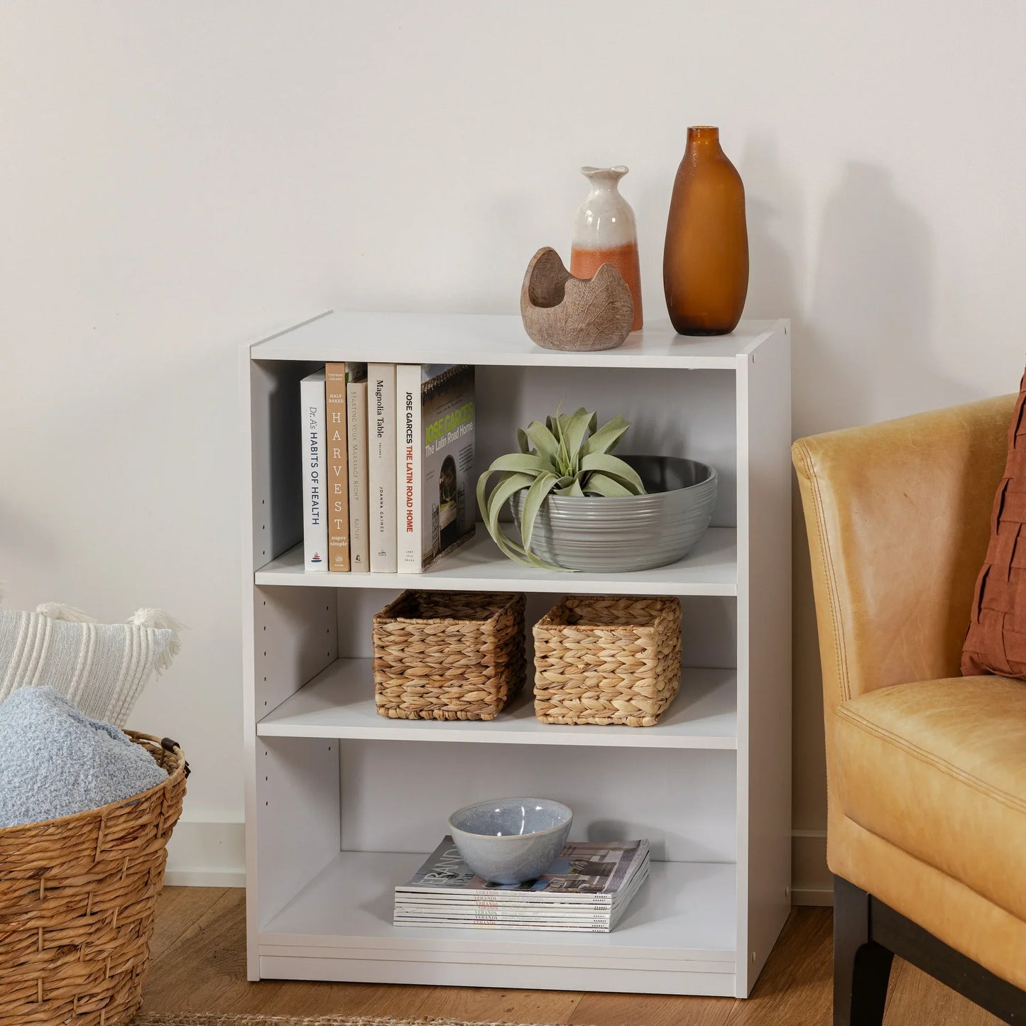 3-Shelf Bookcase with Adjustable Shelves, White, Freestanding Storage Organizer for Books, Office Supplies, Toys, Kitchen, Bathroom, Closet, Durable Wood/Plastic Frame, Easy to Assemble, Space-Saving Multi-Purpose Shelf, Home