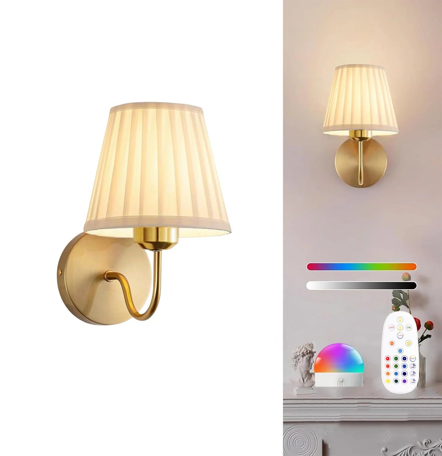 Battery-Powered Wall Light, Wireless Charging Wall Light with Remote Control, Dimmable, 15Rgb, Timer, Suitable for Living Room, Bedroom, Entryway, Gold Color