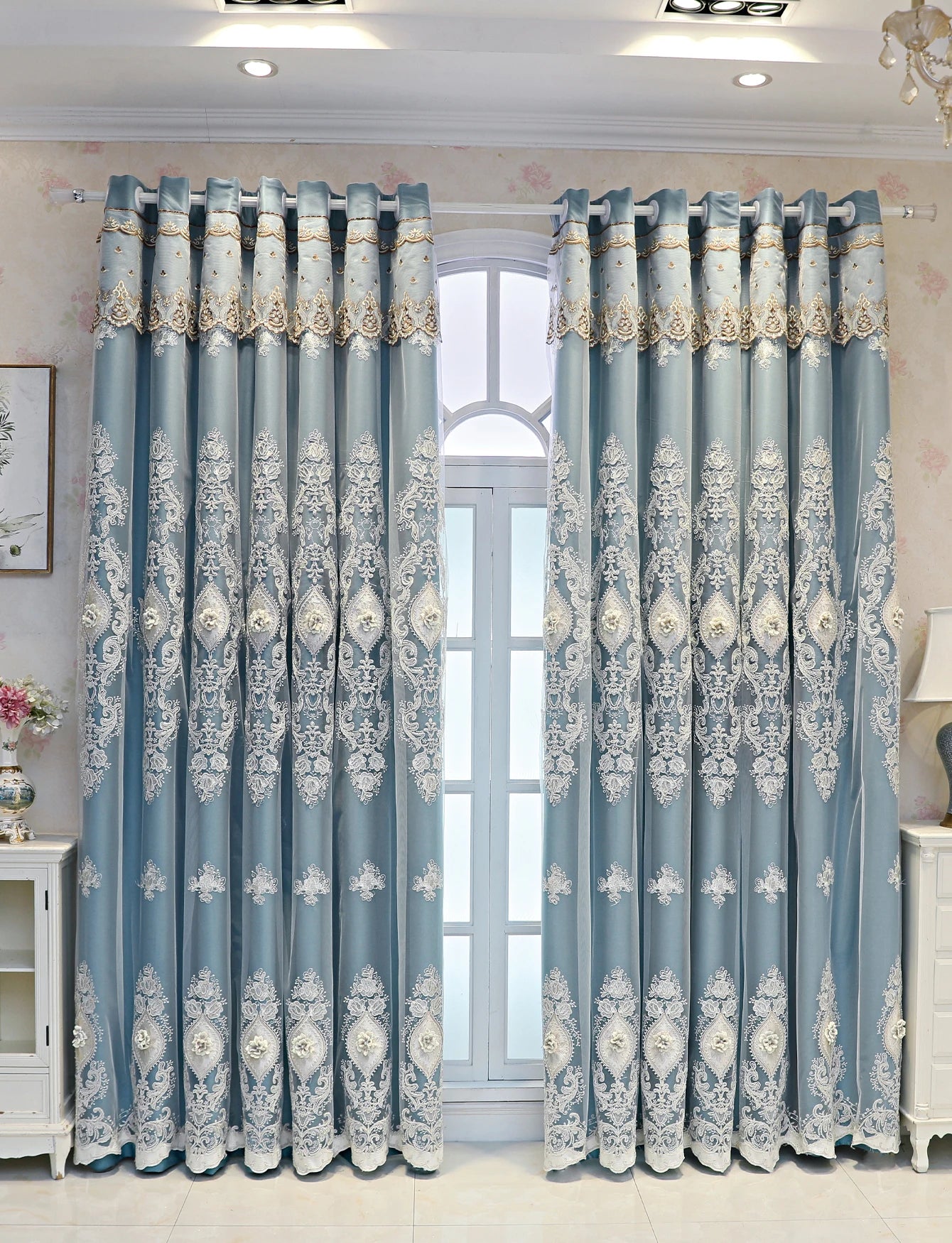 1PC Curtains,Luxury vintage-style embroidered curtains with 3D relief patterns, dual-layer design for privacy and light control