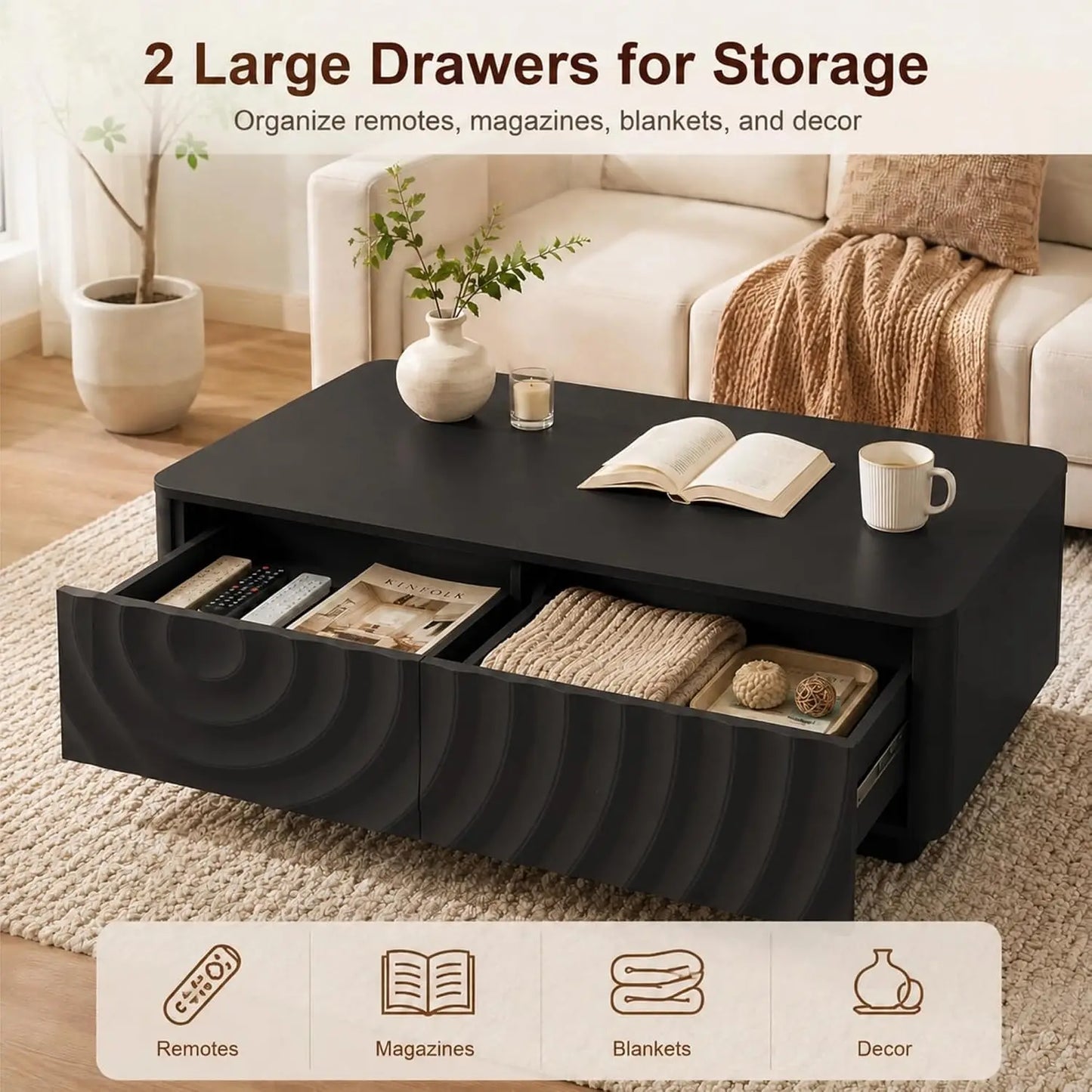 47" Modern Rectangle Coffee Table with 2 Large Drawers & Spiral Water Wave Design for Living Room, Custom