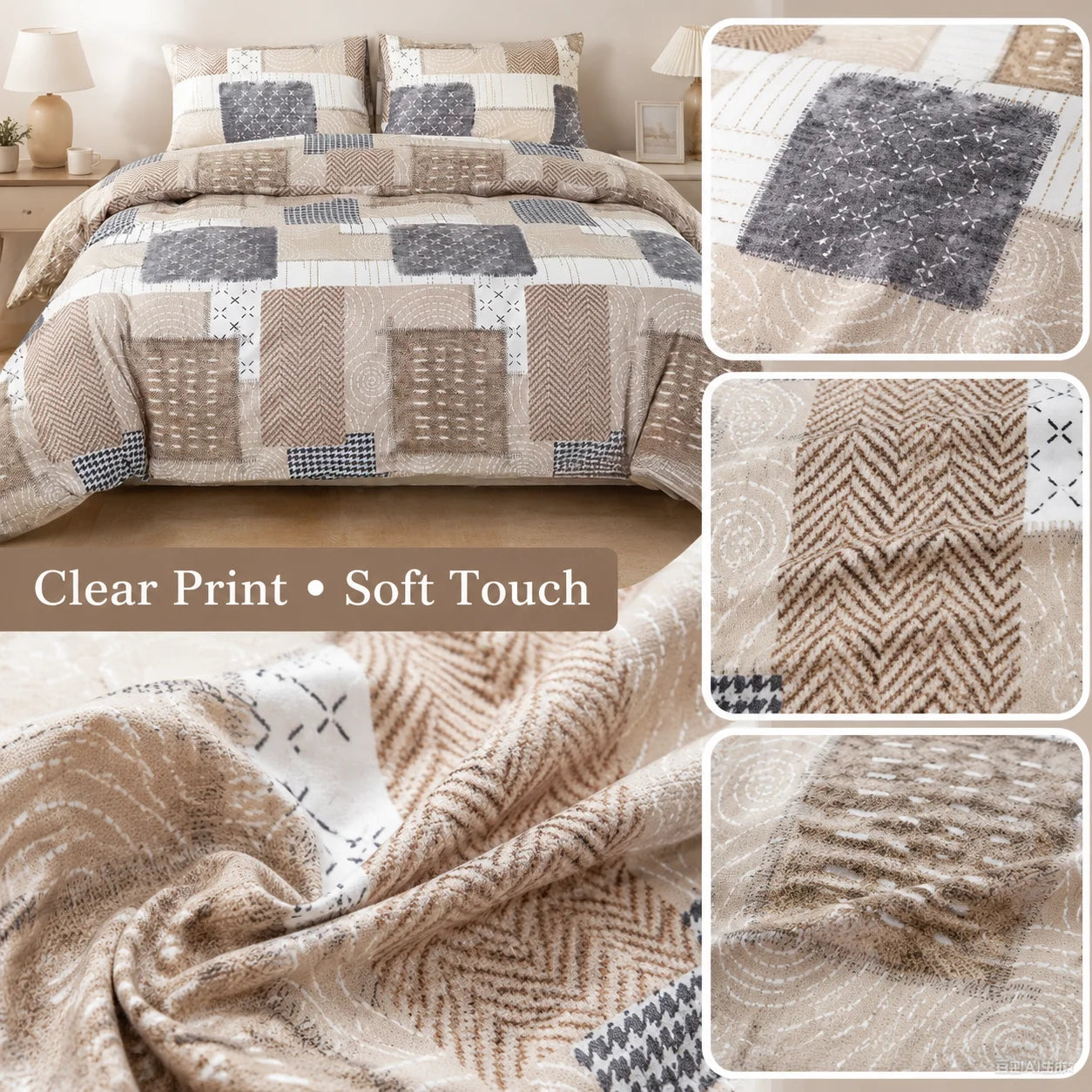 Boho Patchwork Duvet Cover Set, Beige Grey Geometric Bedding Set, Farmhouse Soft Bed Cover with Pillowcases, Twin Full Queen King Breathable and Ultra-Soft, Suitable for All Seasons, Includes 1 Duvet Cover and 1-2 Pillowcases