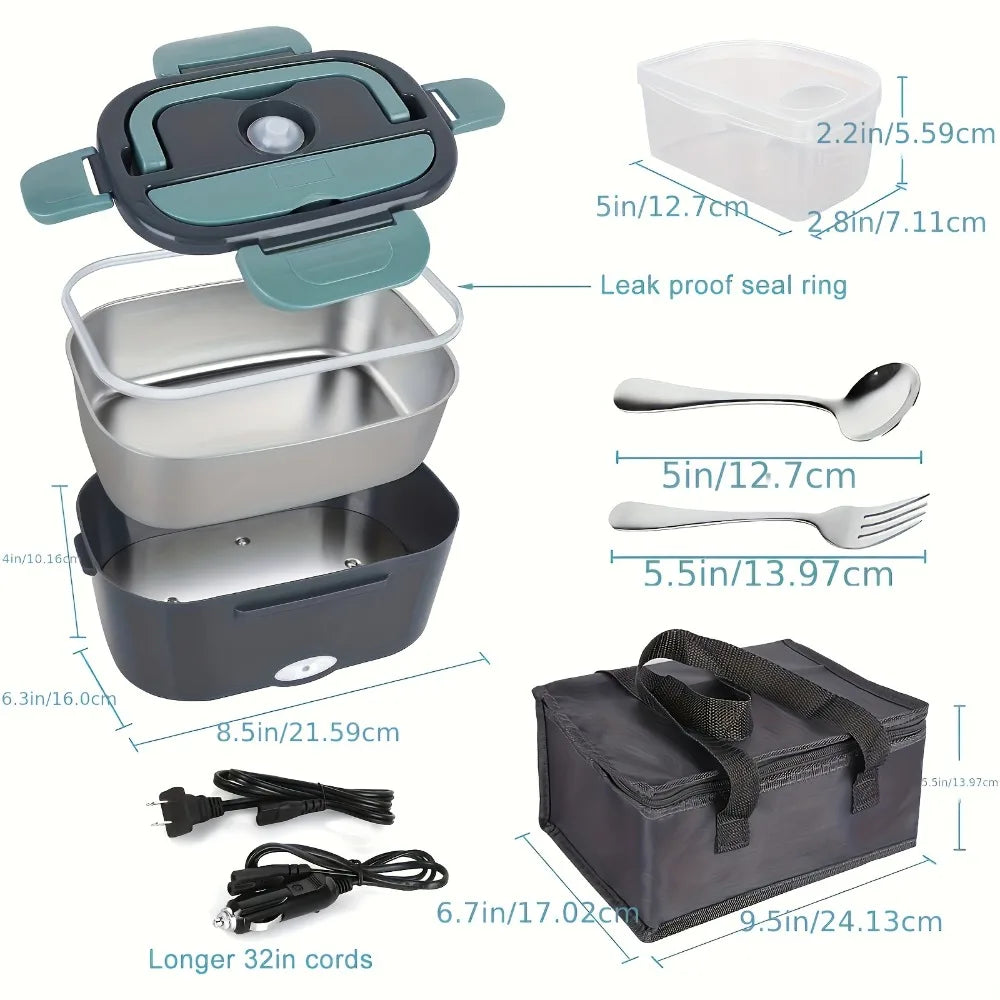 Portable Electric Lunch Box Food Warmer for Car & Home – 50.72oz Leak-Proof Heated Container 110V/12V, Removable Stainless Steel
