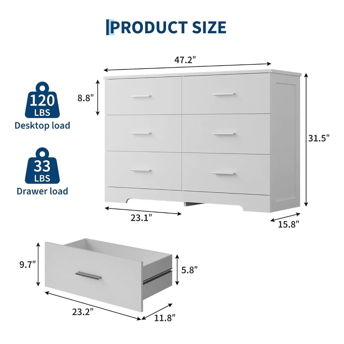 6 Drawer Storage Dresser Cabinet with Metal Handles, Modern Wood Chest of Drawers for Bedroom Living Room