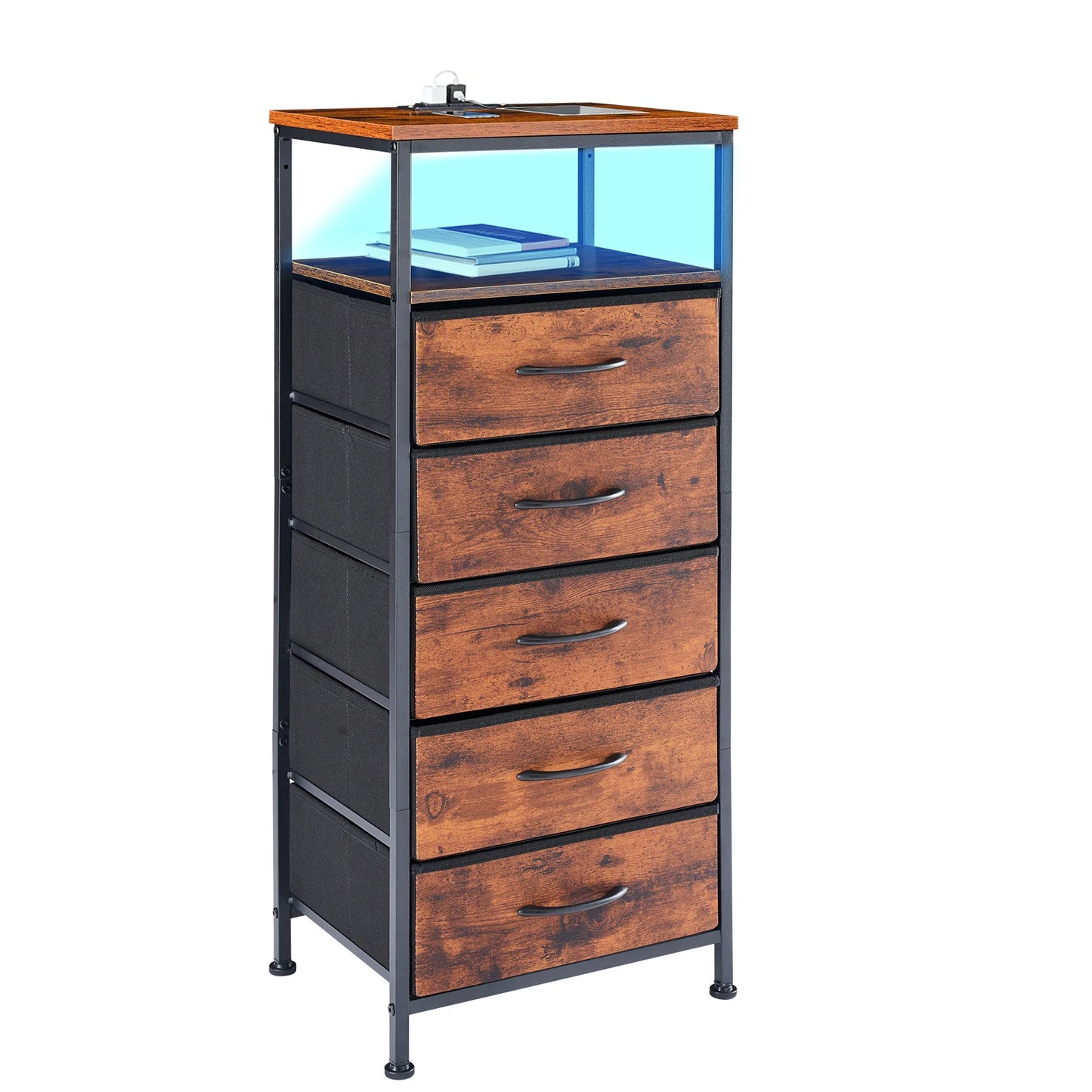 JHK 5-Drawer Cabinet with Charging Station Bedside Table with USB Ports Type-C Bedroom Night Stand with Fabric Drawers and Open Shelf Tall Narrow End Table for Small Bedroom