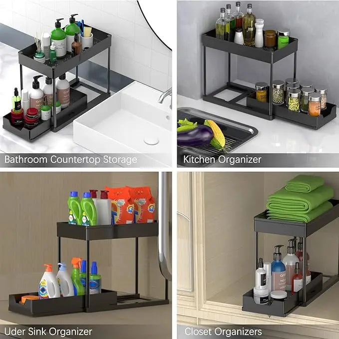 Sliding Under Sink Organizer with 5 Side Hooks and 3 Detachable Hanging Baskets,Pull Out Rustproof Metal Storage Rack,Tool Free Assembly,Multi Scene Space Saving Shelf for Kitchen,Bathroom,Laundry Room,Pantry,Apartment,Dorm,R