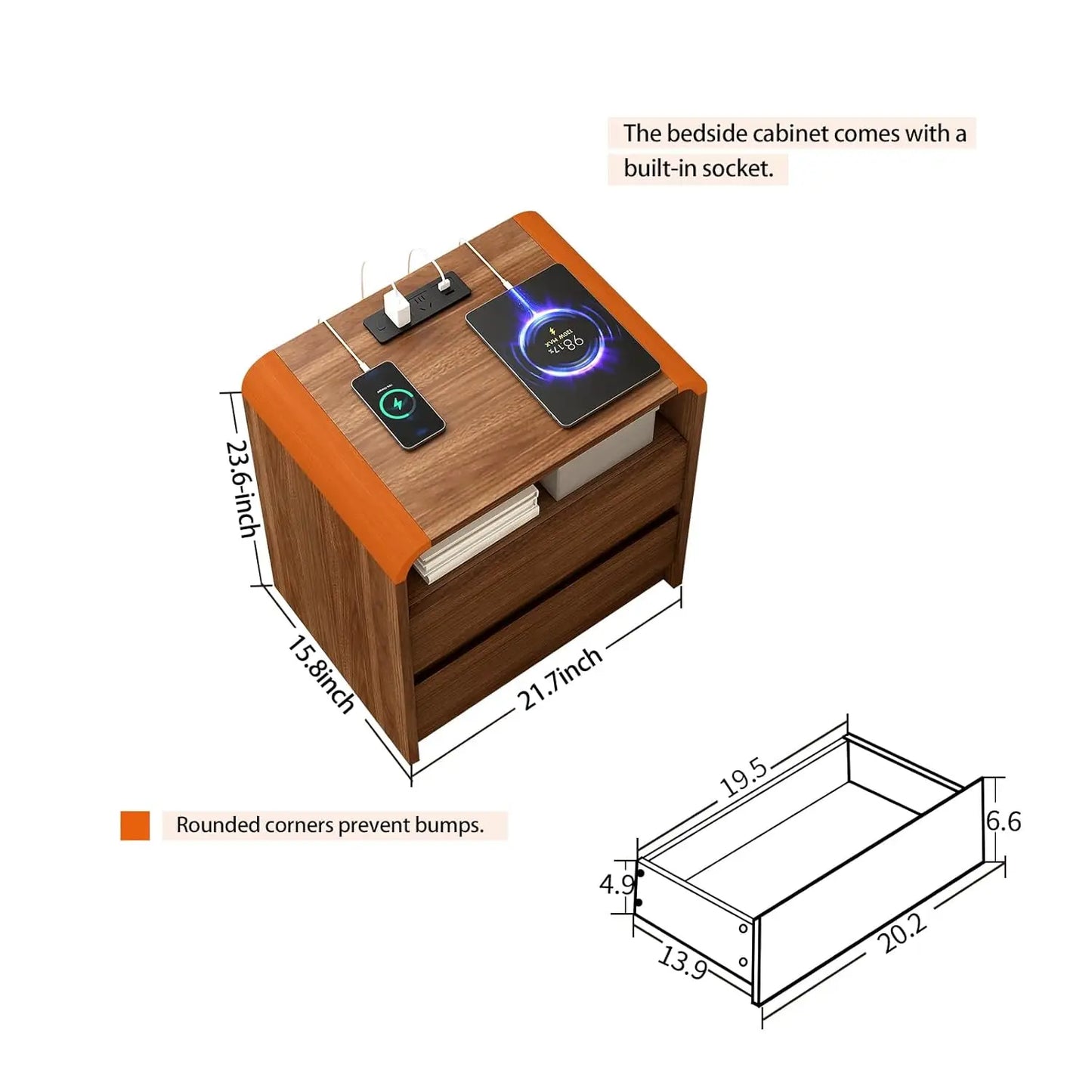 23.6" Walnut Nightstand with Charging Station, Anti-Collision Mid Century Modern Bedside Table with 500 LB, Customized