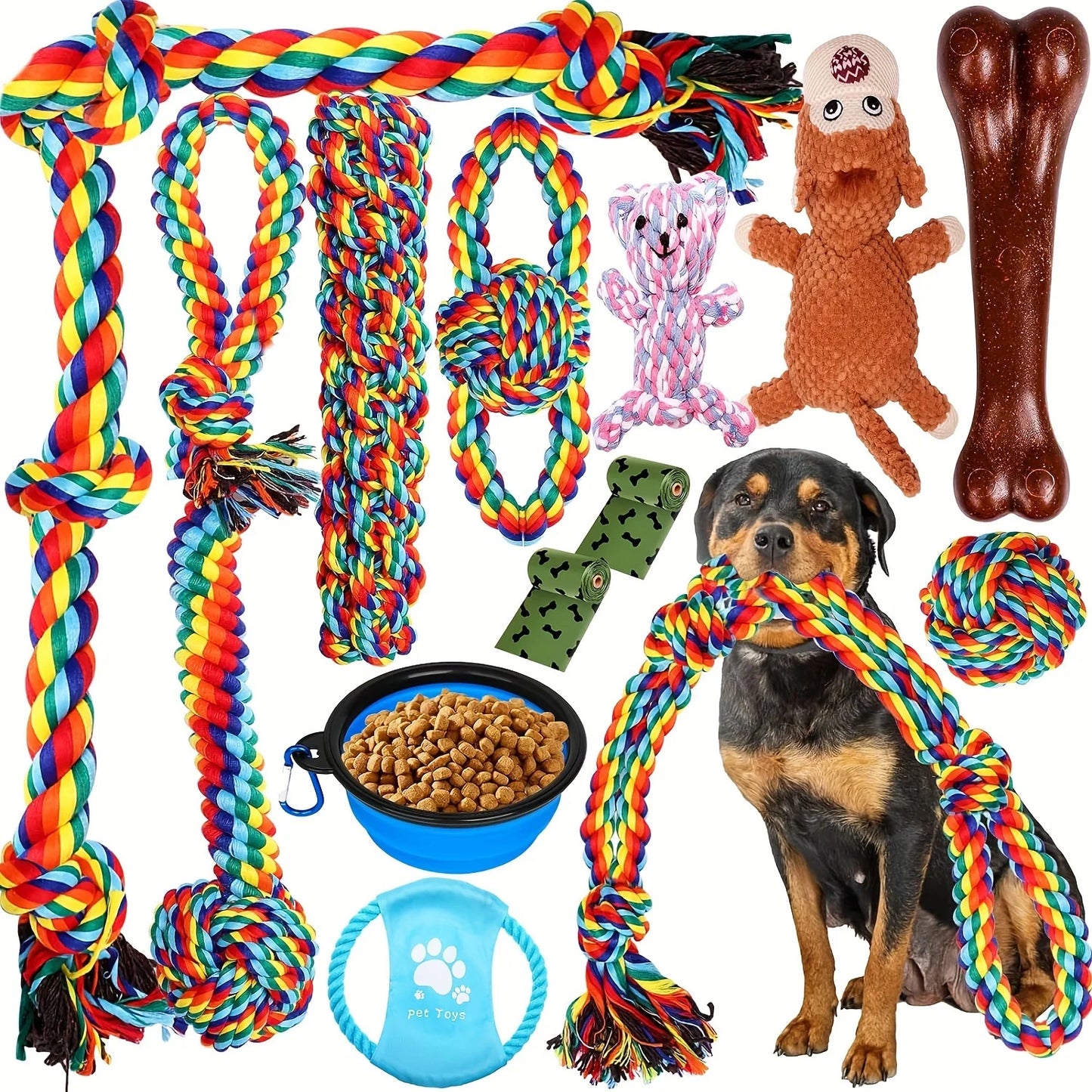 7pcs Durable Color Rainbow Blend Dog Leash Knot Toy Set - Tough chew toys-Pet Interactive Training Play And Dental Health