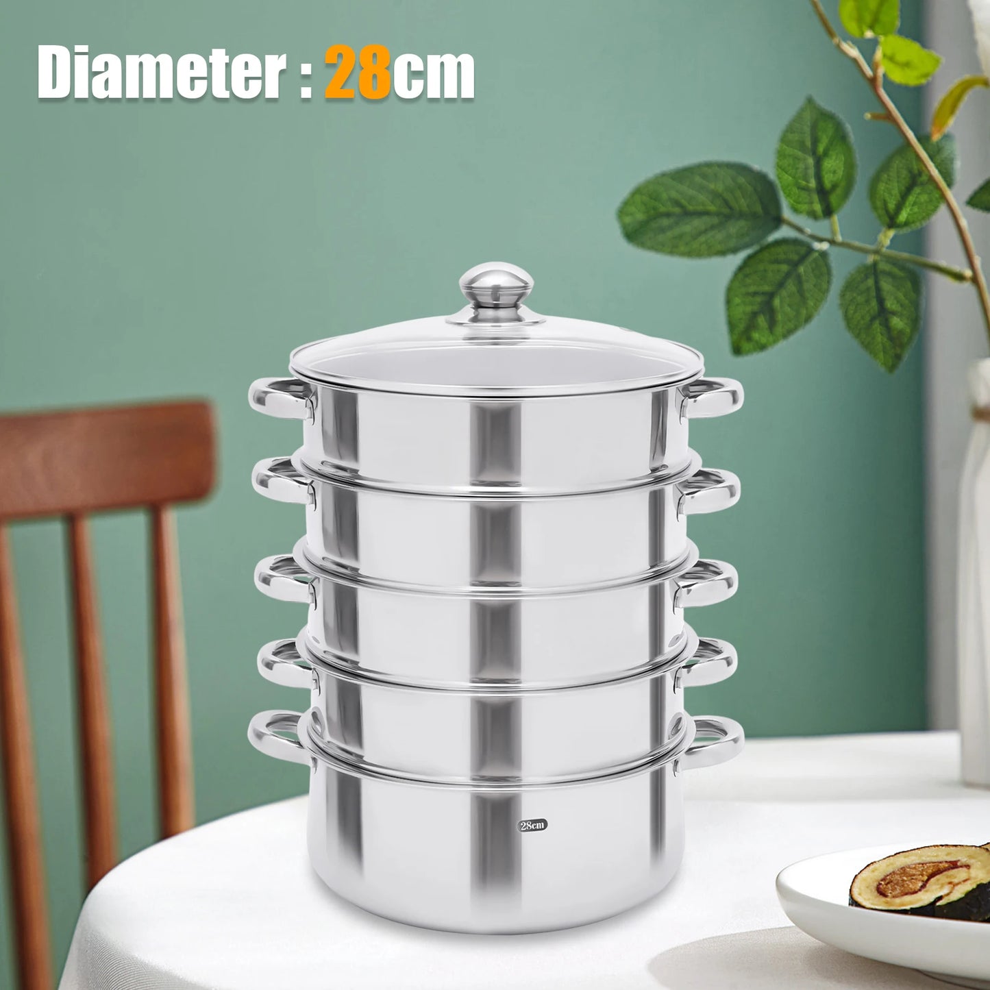 5-Tier Stainless Steel Steamer Cookware Cooking Pot Tier 4 Steaming Grids 1 Cooking Pot 28cm/30cm/26cm Steamer Pot