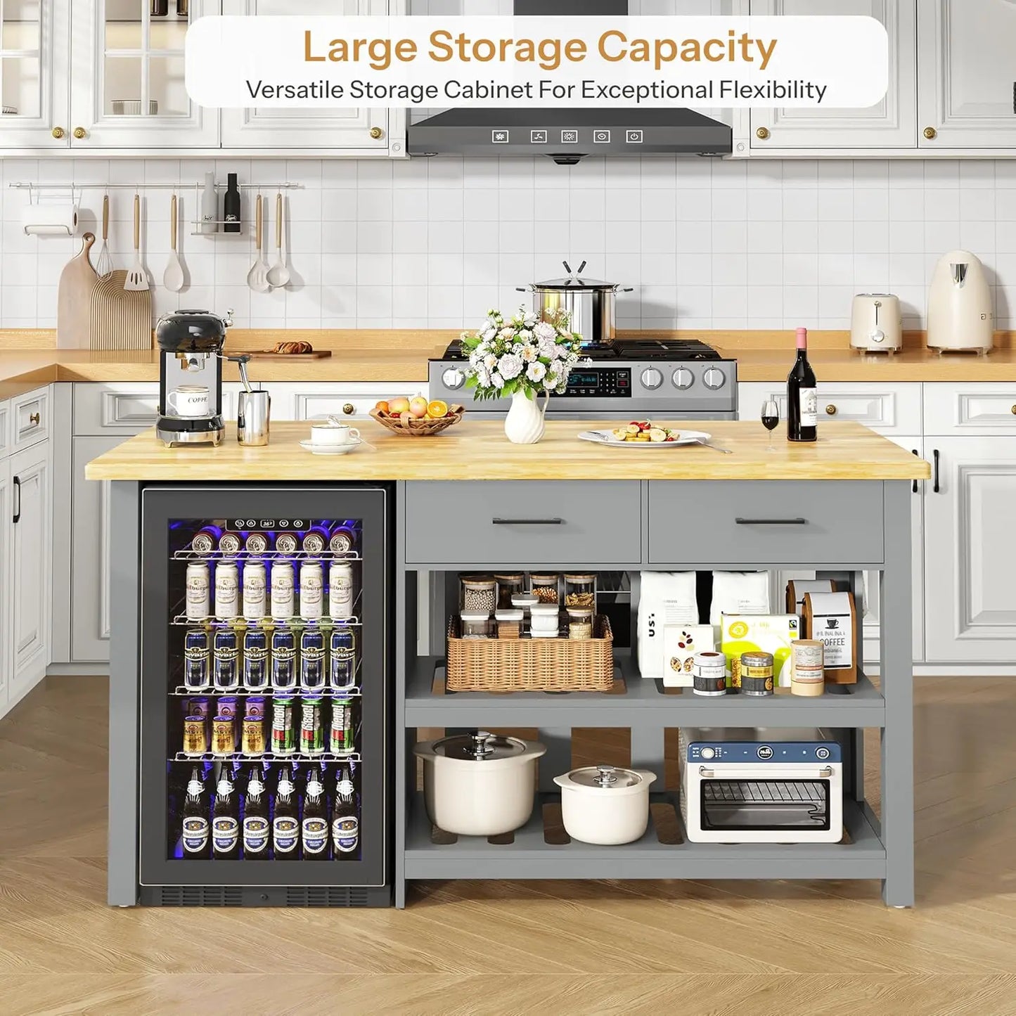60" Solid Rubberwood Kitchen Island with Fridge Storage Space and Power Outlets, 2 Drawers & Open Shelves Coffee Bar, Custom