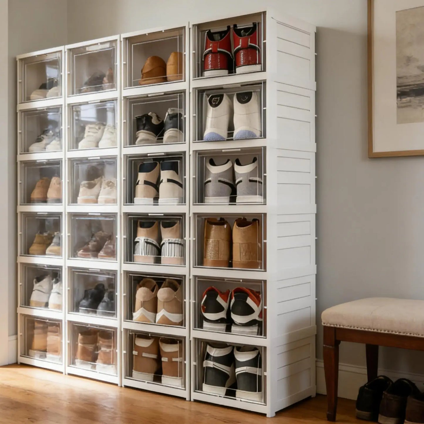Foldable Clear Shoe Storage Organizer, Stackable Dustproof Thickened Sneaker, Shoe Box Rack Cabinet for Closet Dorm Apartment
