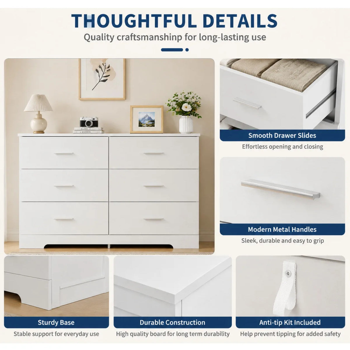 6 Drawer Storage Dresser Cabinet with Metal Handles, Modern Wood Chest of Drawers for Bedroom Living Room