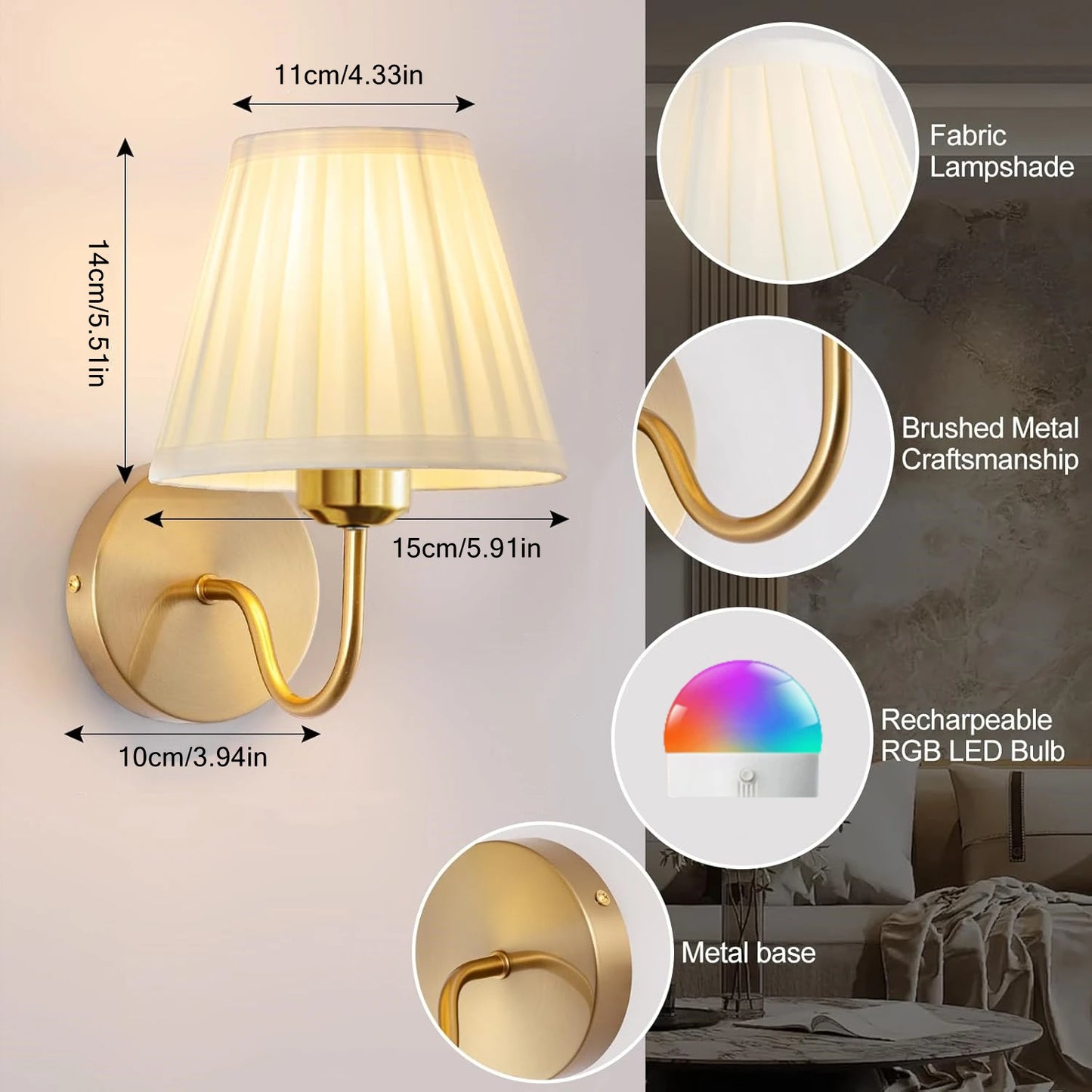 Battery-Powered Wall Light, Wireless Charging Wall Light with Remote Control, Dimmable, 15Rgb, Timer, Suitable for Living Room, Bedroom, Entryway, Gold Color