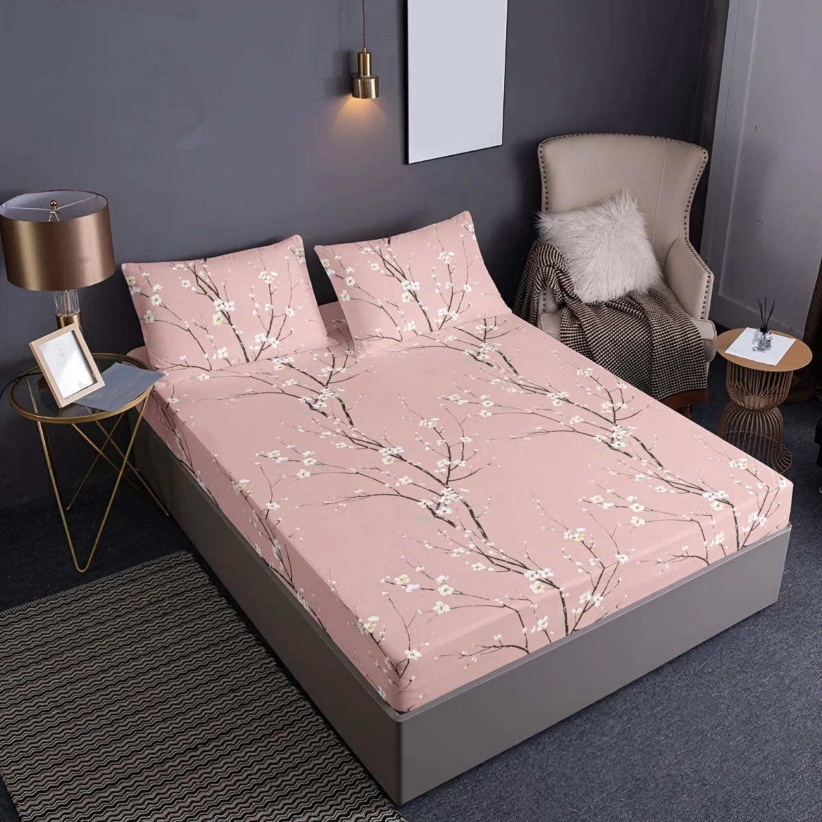 3Pcs Floral Fitted Sheet Set Soft Blossom Bed Sheet with 2 Pillowcases Deep Pocket Printed Bedding for Twin Full Queen King