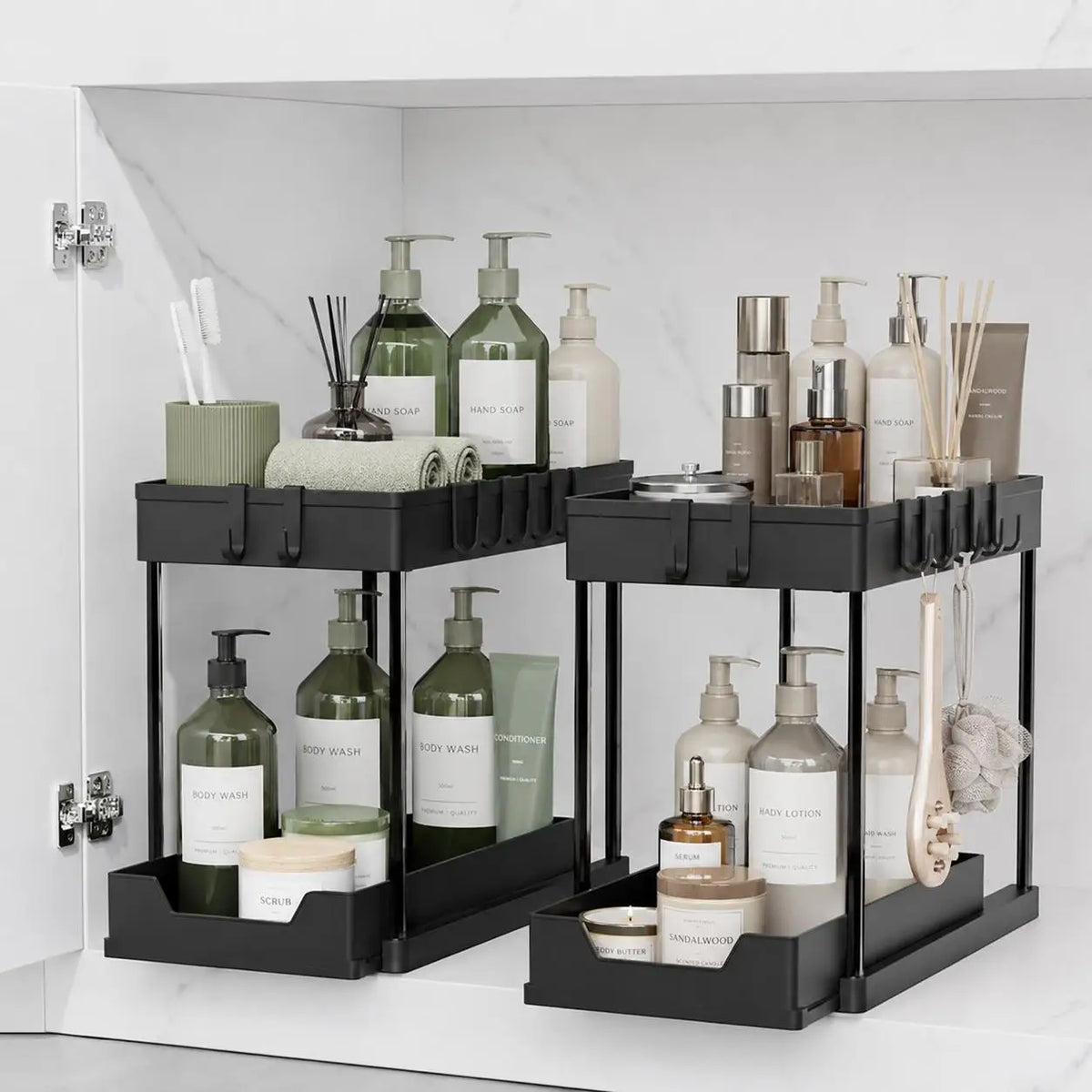 Sliding Under Sink Organizer with 5 Side Hooks and 3 Detachable Hanging Baskets,Pull Out Rustproof Metal Storage Rack,Tool Free Assembly,Multi Scene Space Saving Shelf for Kitchen,Bathroom,Laundry Room,Pantry,Apartment,Dorm,R