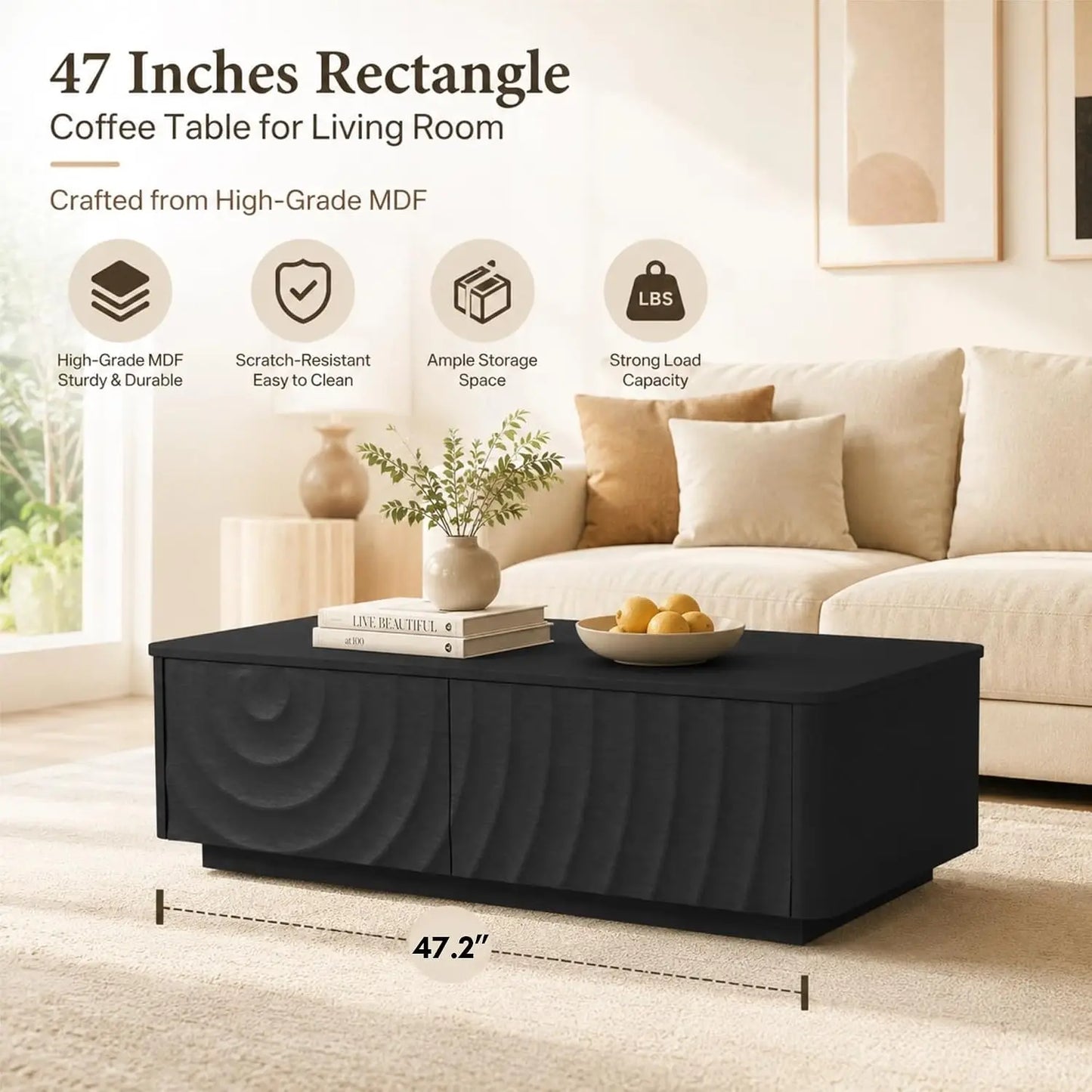 47" Modern Rectangle Coffee Table with 2 Large Drawers & Spiral Water Wave Design for Living Room, Custom