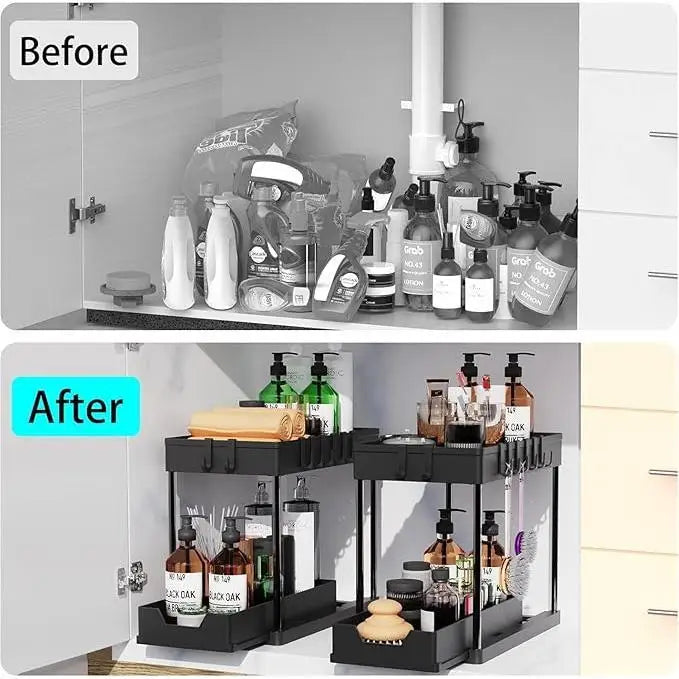 Sliding Under Sink Organizer with 5 Side Hooks and 3 Detachable Hanging Baskets,Pull Out Rustproof Metal Storage Rack,Tool Free Assembly,Multi Scene Space Saving Shelf for Kitchen,Bathroom,Laundry Room,Pantry,Apartment,Dorm,R