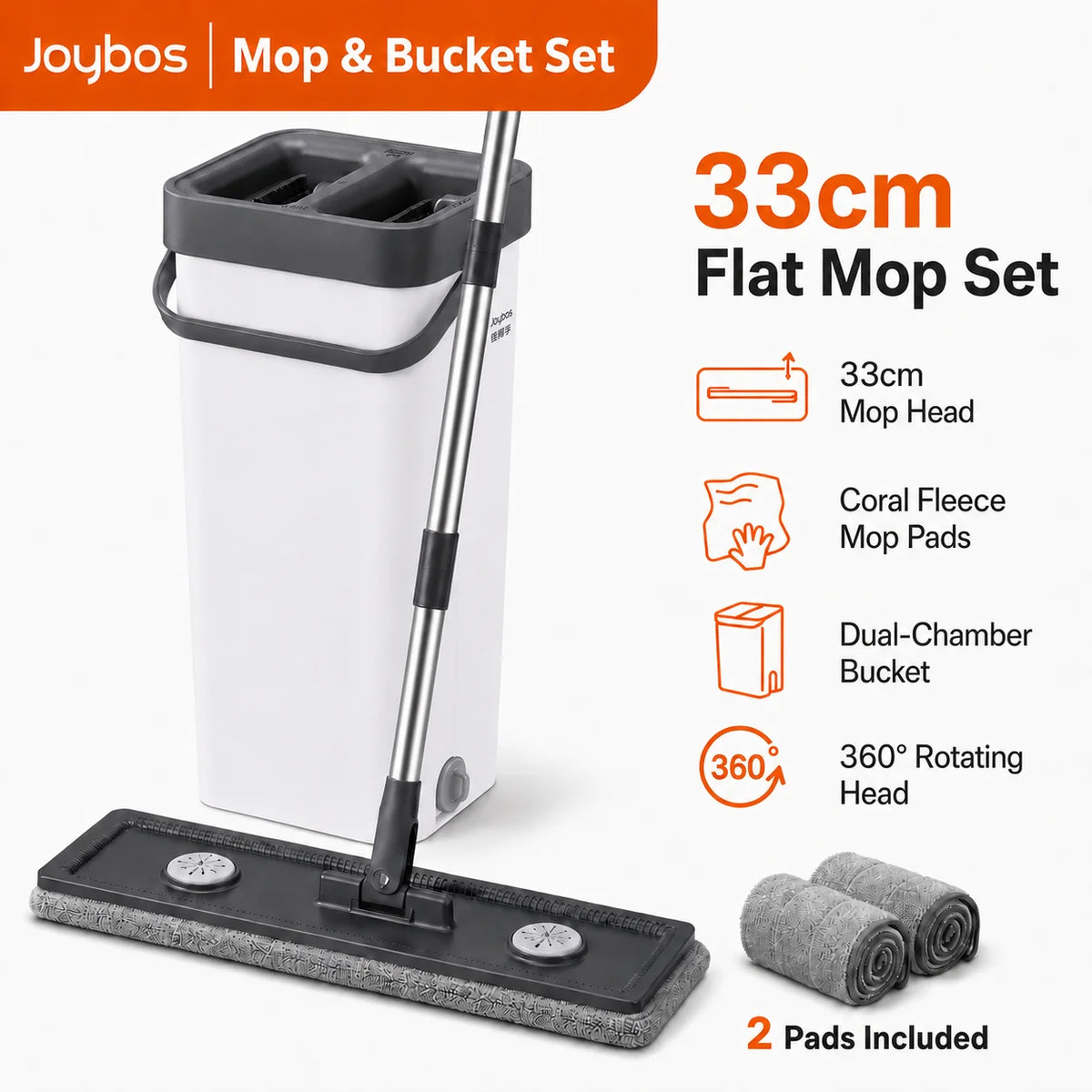 Joybos Flat Mop And Bucket Set With Hands-Free Wringer, 13-Inch Wash & Dry Dual-Chamber Floor Cleaning System, 360° Rotating Swivel Head For Hardwood/Tile, Includes 2 Coral Fleece Pads