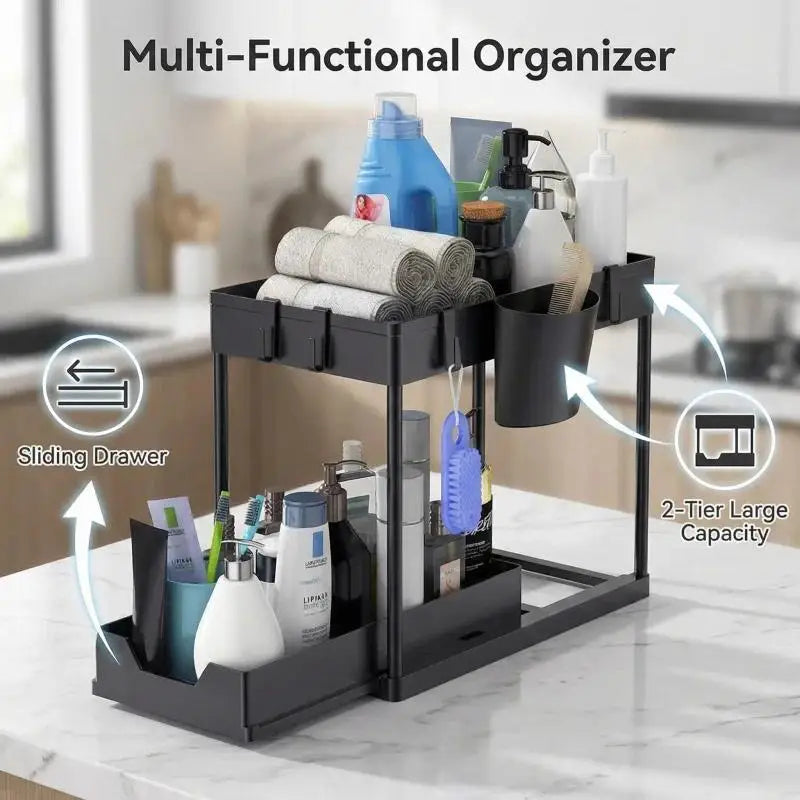 Sliding Under Sink Organizer with 5 Side Hooks and 3 Detachable Hanging Baskets,Pull Out Rustproof Metal Storage Rack,Tool Free Assembly,Multi Scene Space Saving Shelf for Kitchen,Bathroom,Laundry Room,Pantry,Apartment,Dorm,R