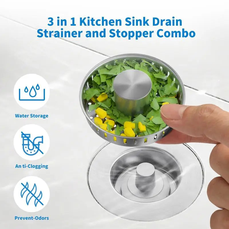 3-in-1 Stainless Steel Kitchen Sink Strainer - Pop-Up Stopper with Anti-Clogging Basket and Odor Filter, Easy Clean Drain Strain