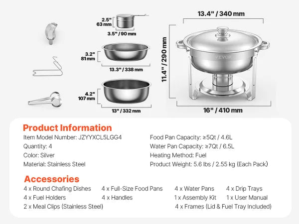 SucceBuy 4 Pack Chafing Dish Buffet Set Stainless Steel Chafer w/4 Full Size Pan Round Catering Warmer Server for Party Banquets