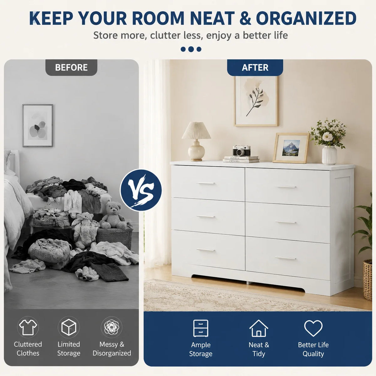 6 Drawer Storage Dresser Cabinet with Metal Handles, Modern Wood Chest of Drawers for Bedroom Living Room