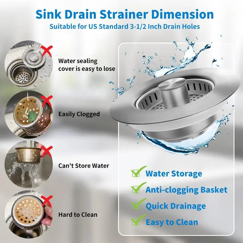 3-in-1 Stainless Steel Kitchen Sink Strainer - Pop-Up Stopper with Anti-Clogging Basket and Odor Filter, Easy Clean Drain Strain