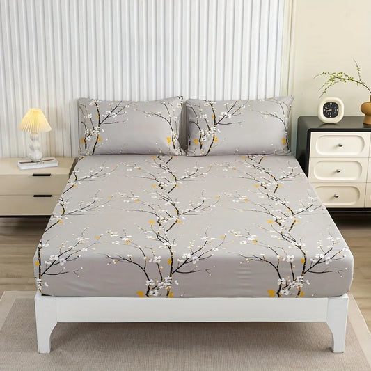 3Pcs Floral Fitted Sheet Set Soft Blossom Bed Sheet with 2 Pillowcases Deep Pocket Printed Bedding for Twin Full Queen King