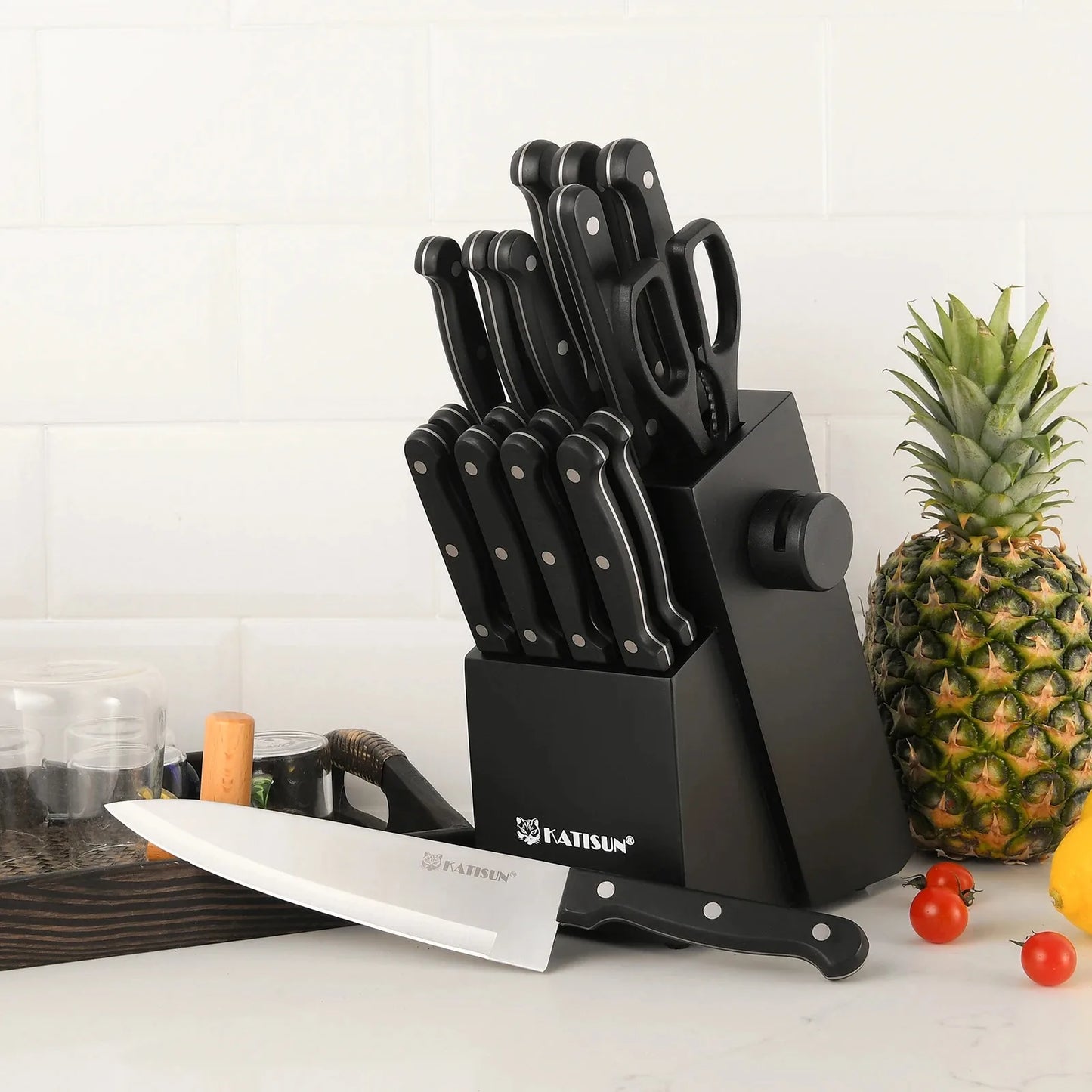 Katisun 19 Pieces Carbon Steel Kitchen Knife Set with Block Built-in Sharpener Meat Fork Professional Chef Home Cooking