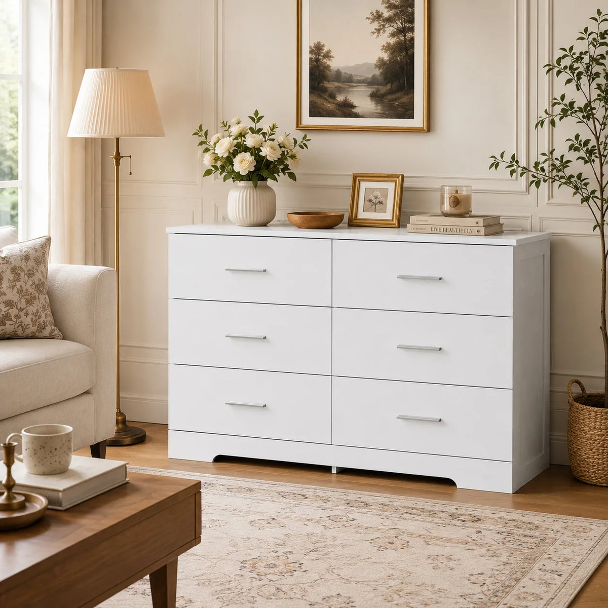 6 Drawer Storage Dresser Cabinet with Metal Handles, Modern Wood Chest of Drawers for Bedroom Living Room