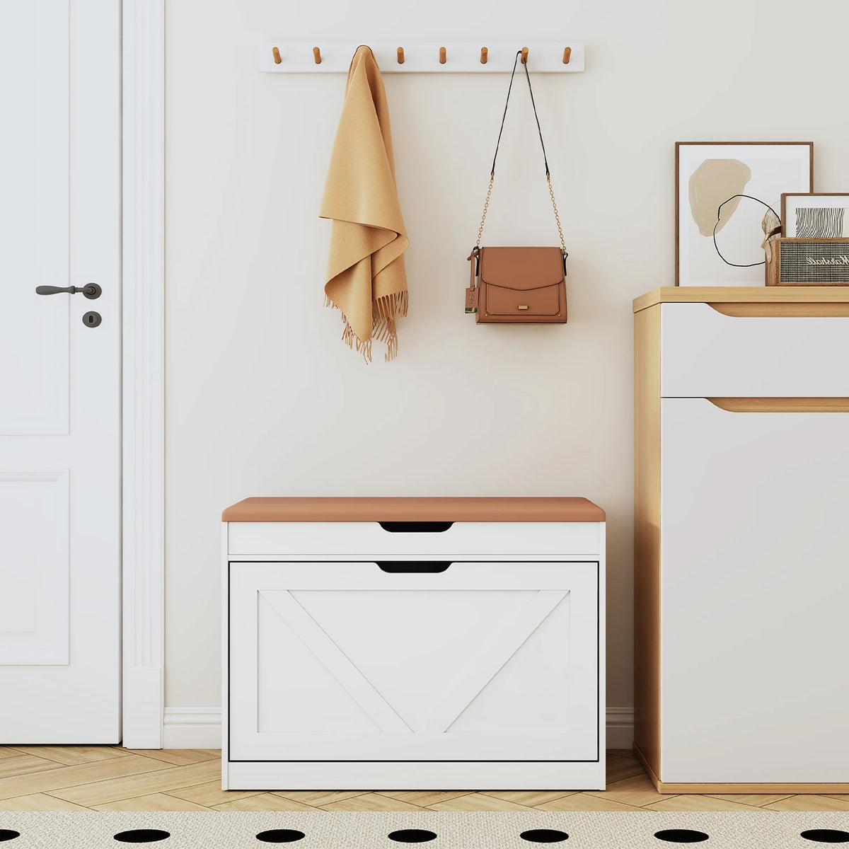 27.5" Storage Bench with Flip Drawers and Adjustable Shelf, Flip-up Cabinet & Padded Cushion - Space-Saving Shoe Cabinet, Organizer for Entryway, Hallway, Bedroom
