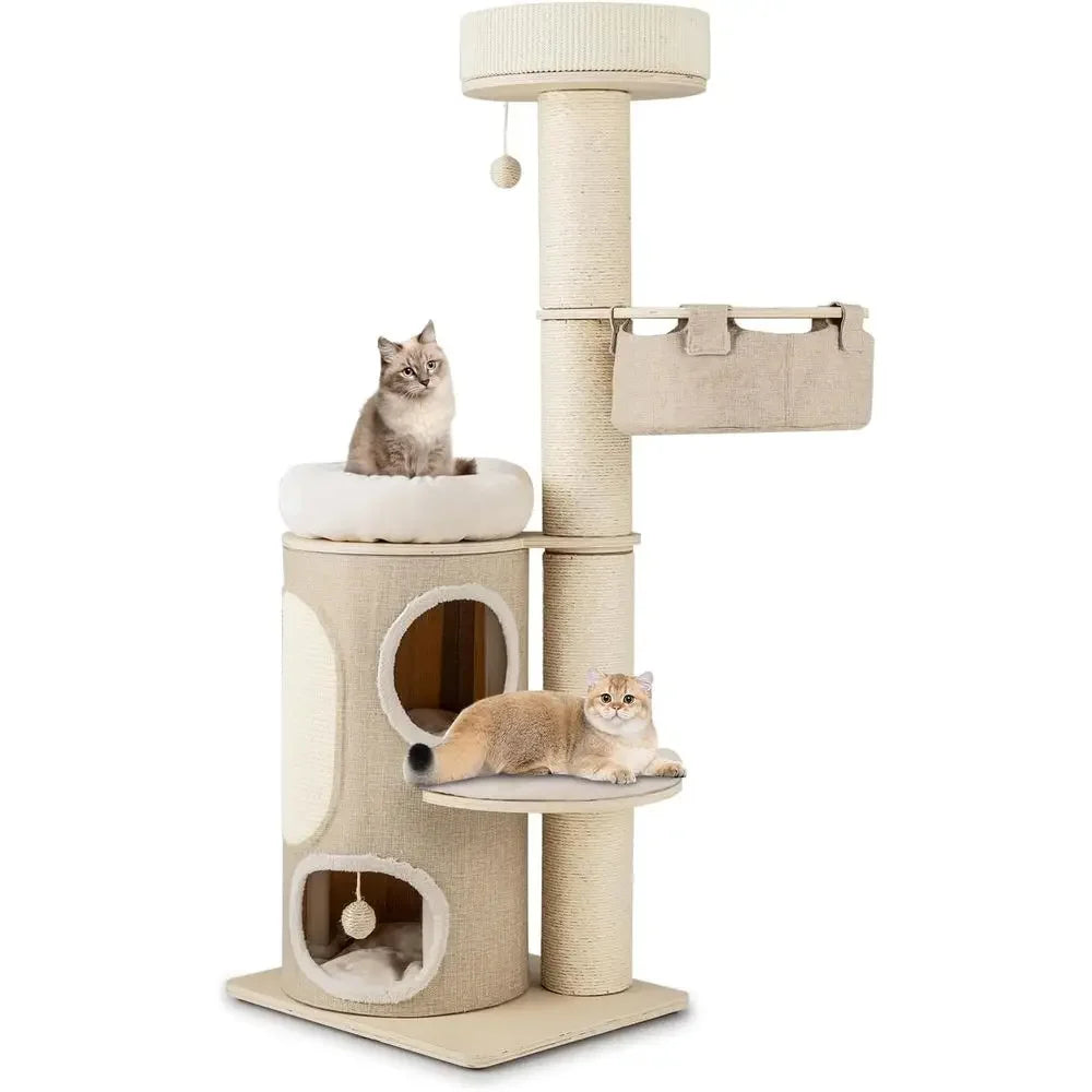 61 Multi-Level Tall Cat Tower with 2 Condos, Top Perch, Sisal Posts, Carpet, Hammock, Balls, Removable Bed for Indoor Cats