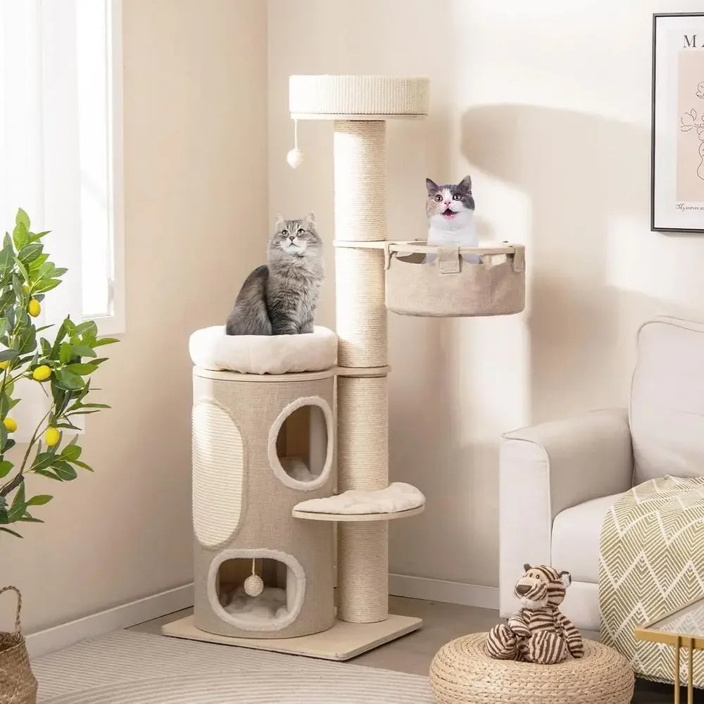 61 Multi-Level Tall Cat Tower with 2 Condos, Top Perch, Sisal Posts, Carpet, Hammock, Balls, Removable Bed for Indoor Cats