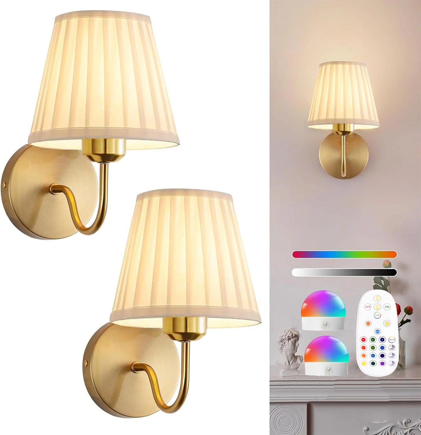 Battery-Powered Wall Light, Wireless Charging Wall Light with Remote Control, Dimmable, 15Rgb, Timer, Suitable for Living Room, Bedroom, Entryway, Gold Color